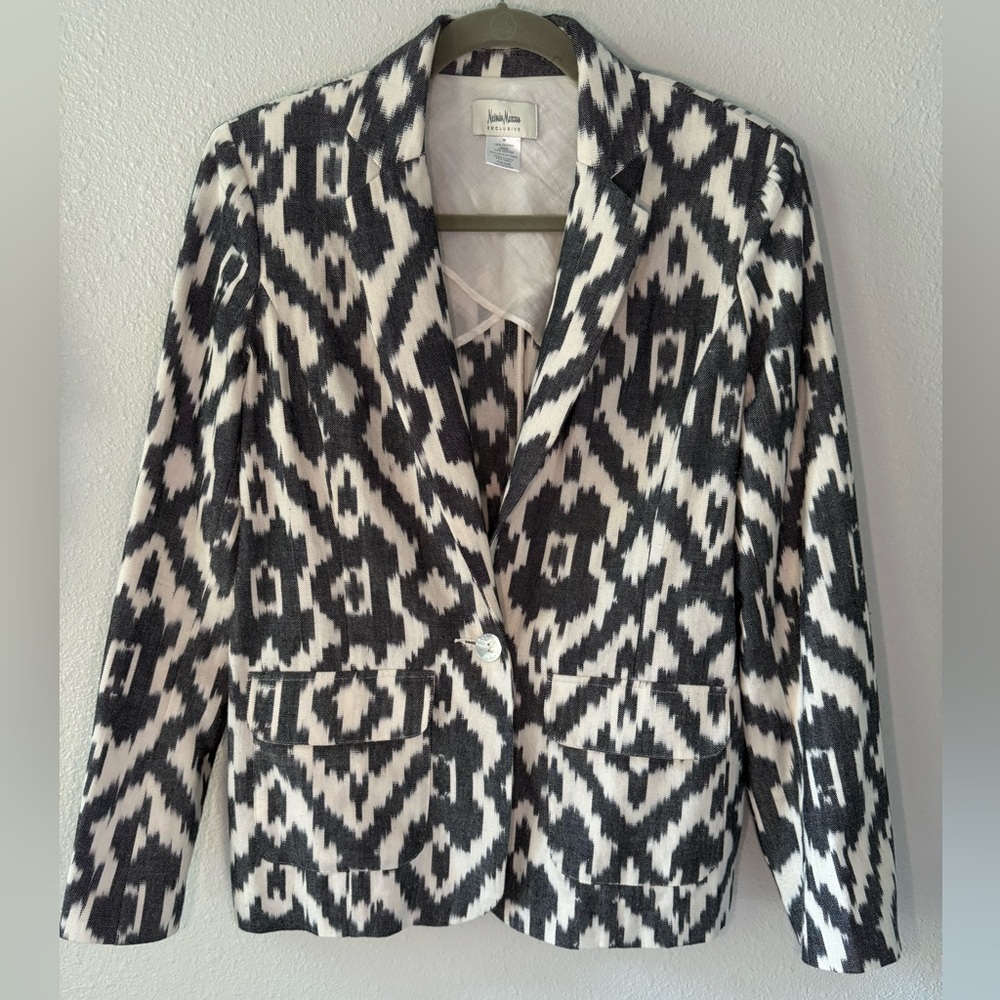 Neiman Marcus Women Black & White One-Button 100% Cotton Blazer Jacket Size Med